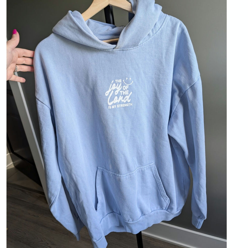 Oversized Blue Hoodie Sweatshirt "THE joy OF THE Lord IS MY STRENGTH" Size XL - Picture 2 of 5